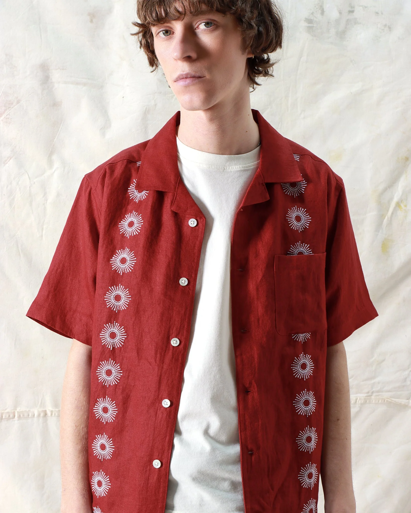 Stachio Camp Shirt - Sol Stripe Embroidery Deep Red - Image 3