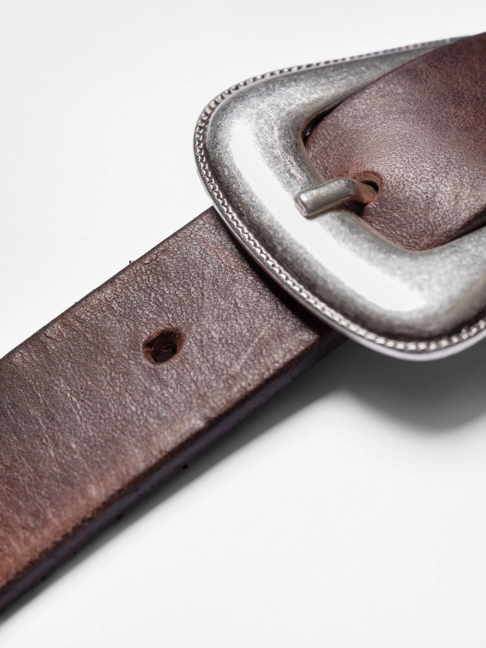 Western Silver Leather Belt - Dark Brown - Image 2